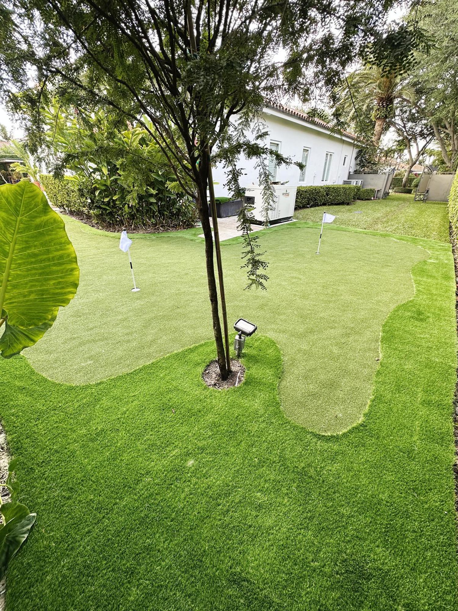Two-hole residential putting green integrated around tropical landscaping